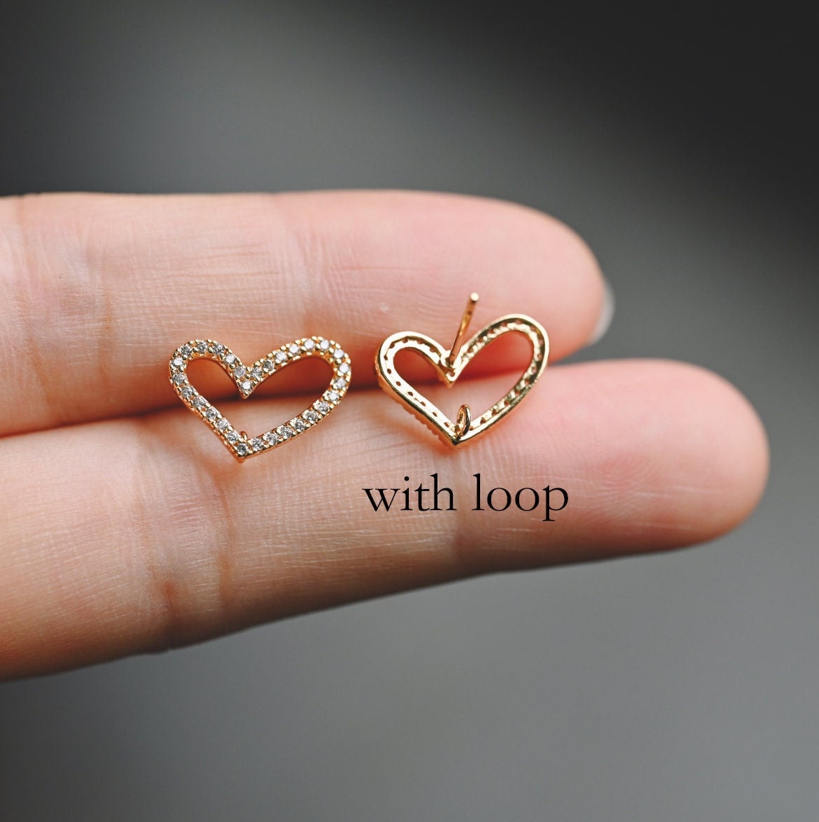 4pcs CZ Pave Heart Earring with Loop, Gold Plated Brass Stud Earrings, Jewelry Findings, Wholesale Supplies (GB-2986)